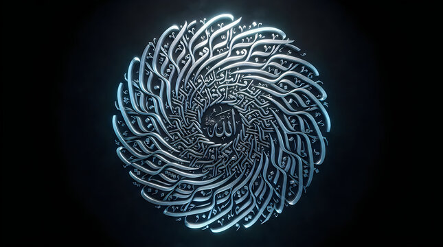 "Swirling Arabic Calligraphy Forming Circular Mandala Pattern with Allah Name in Center on Black Background"