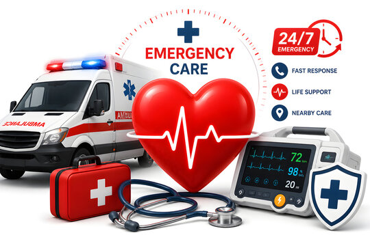Emergency Care Concept with Ambulance Heartbeat Monitor and Medical Equipment