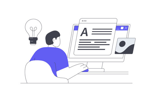 Content Management System and Digital Web Page Publishing Builder. Male Specialist Working on Laptop Customizing Typography Text and Image Media Layout. Flat Cartoon Vector Illustration, icon Stylish