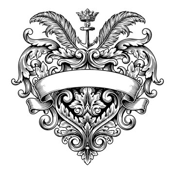 Elegant vintage crest featuring crown and anchor with ornate scrollwork design