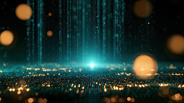 Abstract digital rain of glowing particles and bokeh effects