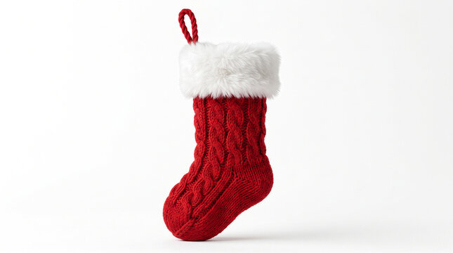 Highly realistic red Christmas stocking with soft white fur cuff, curved toe, detailed knit texture and hanging loop, centered upright festive accessory, sharp seasonal product photography