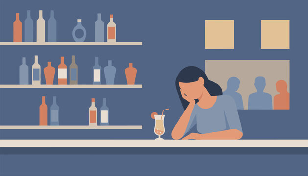 Sad lonely woman sitting alone at a bar counter with a drink while other people socialize in the blurred background.