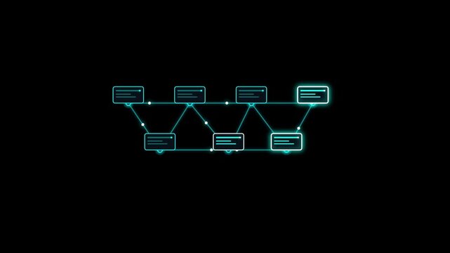 Neon HUD Network Timeline Flowchart Connected Dialogue Boxes Motion Graphic Black Background 4K Video