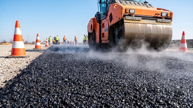 Heavy orange road roller machine compacting fresh hot asphalt on a sunny construction site