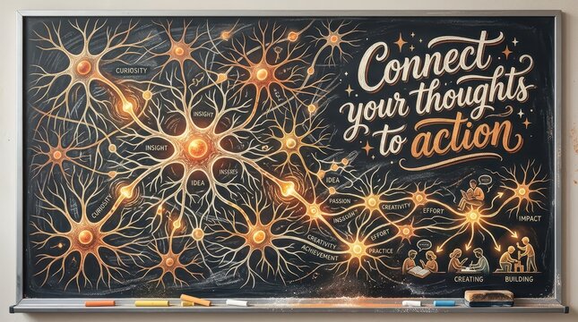 Brainstorming and Neural Network Concept: Connect Your Thoughts to Action on a Chalkboard with Illustrative Neurons and Symbols