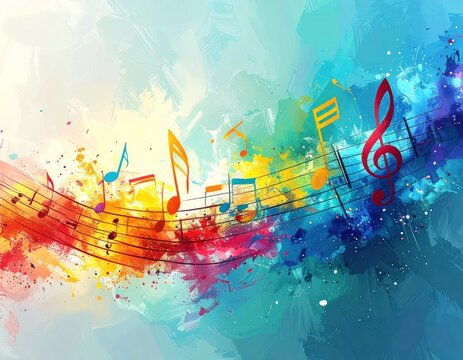 Colorful watercolor splash with musical notes and staff