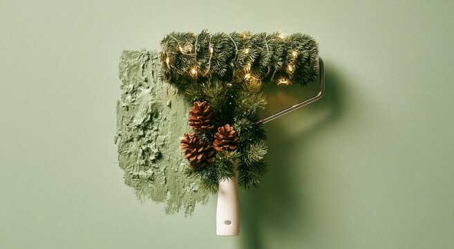 A paint roller covered in evergreen branches and fairy lights against green wall