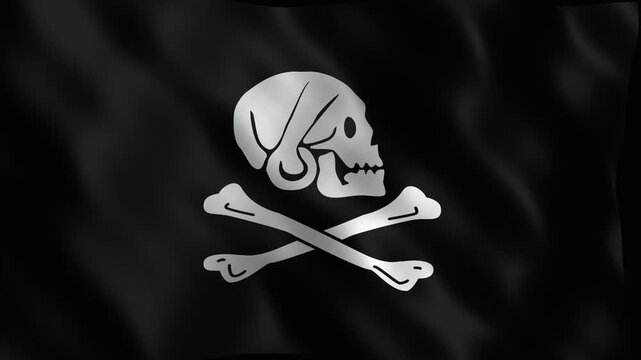 Pirate jolly roger flag with skull in profile waving in the wind. 4K Video