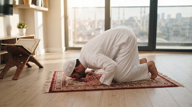 Muslim man wearing a white thobe and cap praying on a red rug near a window with city skyline