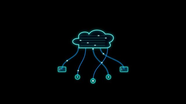 Futuristic Neon Cloud Computing Data Network with Glowing Server Nodes, Data Transfer Lines, and Cyber Storage Hub Motion Graphic Overlay 4k video