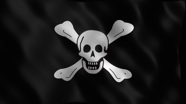 Black pirate jolly roger flag with skull and crossbones waving. 4K Video