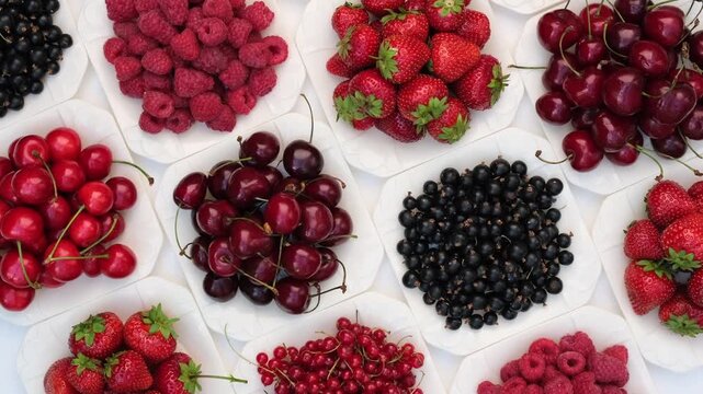 Close up top view of fresh raspberries cherries blackcurrants and strawberries neatly arranged on small white plates