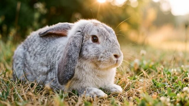 french lop rabbit close up in french countryside morning light video