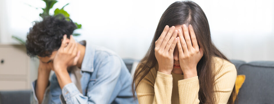 Breakup and depressed, asian young quarrel couple love fight relationship in trouble. Different people are emotion angry. Argue wife has expression upset with husband. Problem of family people.