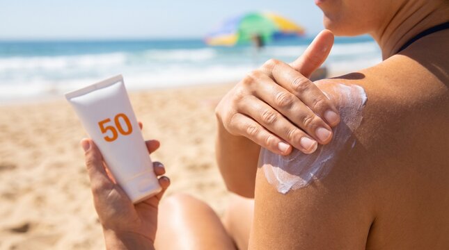 Person holding sunscreen bottle with spf 50 applying cream on shoulder at sunny beach, ocean