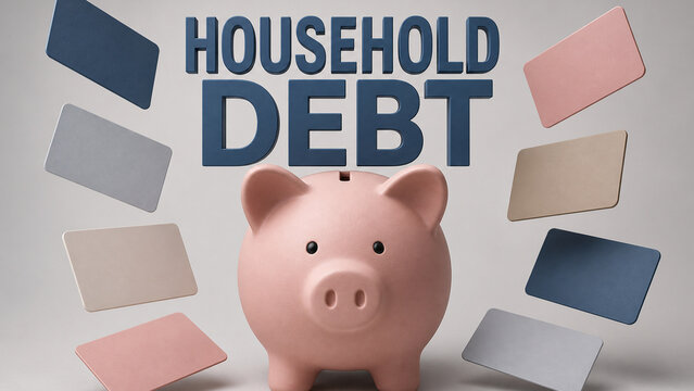 3D illustration of a pink piggy bank beneath household debt text, surrounded by floating payment cards in a modern financial concept scene.