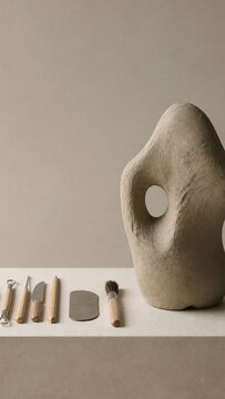 Minimalist studio still life of a textured abstract clay sculpture with a circular opening and pottery tools on a neutral beige worktable.