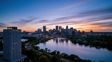 Naklejka premium City skyline reflecting in still water under a glowing twilight sky, featuring a modern downtown with curving roads for travel and civic campaigns