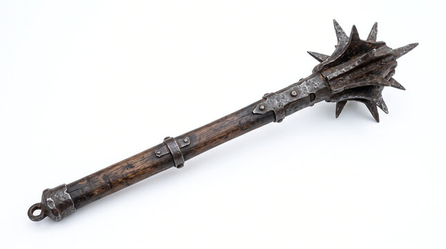 Highly realistic medieval iron mace with long dark wooden or metal handle and heavy spiked metal head, weathered surface, detailed forged construction and authentic aged texture