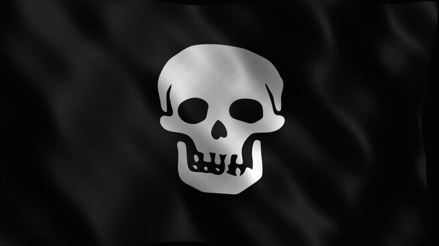 Waving black flag featuring a central silver human skull. 4K Video