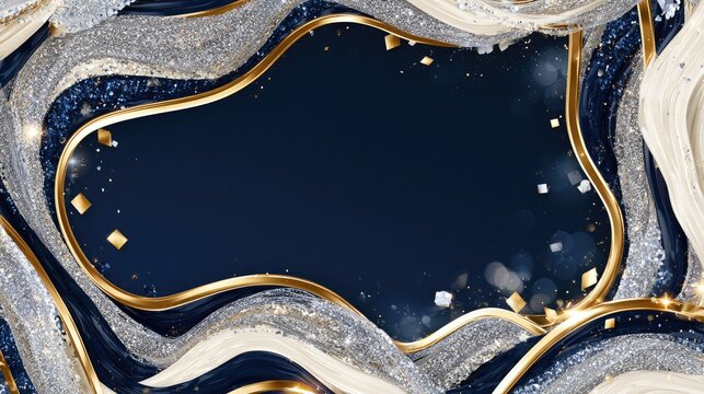 Elegant golden frame with flowing textures and sparkling confetti on navy