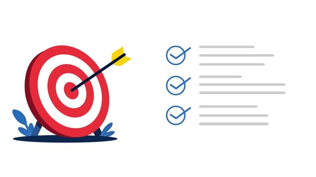 Business Target and Goal Planning Animation with Bullseye and Checklist, Strategic Achievement Concept for Marketing Success and Professional Growth