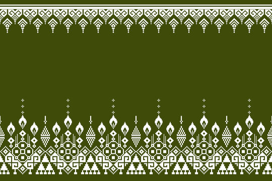 Geometric pixel border pattern in olive green and white, featuring intricate ornamental motifs, diamond shapes, and symmetrical decorative details with a spacious center.
