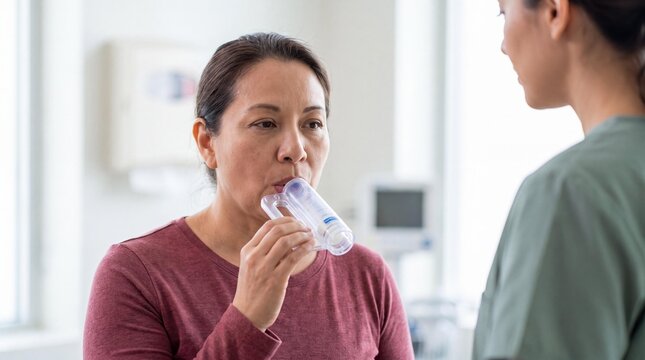 A woman uses a spirometer to measure her lung capacity while a healthcare professional observes.