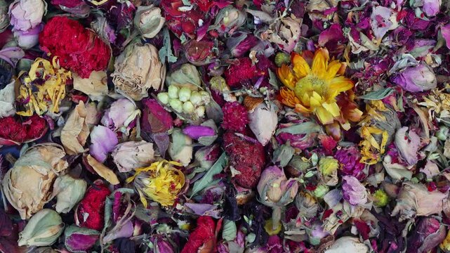 Colorful dried flower petals and buds forming a rotating herbal tea blend background with roses and marigold background rotation