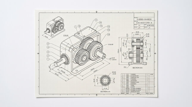 Technical blueprint of a mechanical gearbox showing isometric views and cross section on grid paper with technical engineering drawing sectional details mechanical