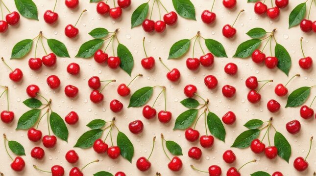 Fresh cherries with green leaves on beige , Harvest picking season, Fresh healthy fruits.