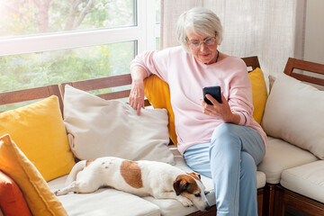 Senior woman using smartphone on cozy sofa at home with sleeping dog. Elderly lady with pet...