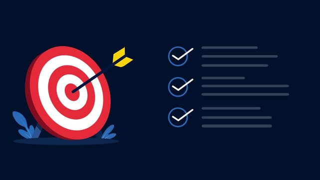 Dark Background Business Objective Visualization with Bullseye Target and Checklist, Focused Decision Making, Goal Setting and Strategic Planning Concept