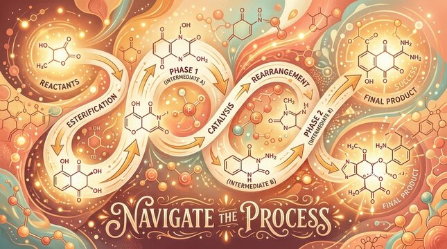 Chemical reaction process pathway visualization, showing reactants, esterification, catalysis, rearrangement, intermediates, and final product with mo