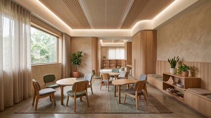 Fototapeta premium Minimalist Montessori Kindergarten Interior Design with Natural Wood Furniture
