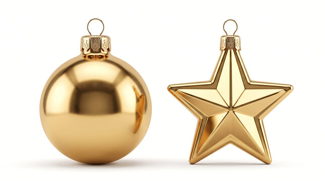 Highly realistic pair of gold Christmas ornaments, one spherical polished bauble and one five-pointed star decoration, metallic reflective surfaces, fine hanging caps and rich golden tones
