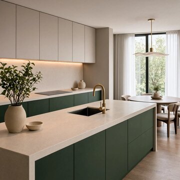 Modern luxury kitchen interior with deep green cabinets and light stone countertops in a spacious sunlit apartment
