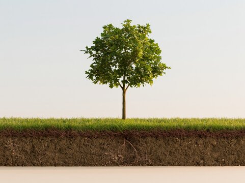 Broadleaf tree with an exposed root system on a soil cross-section, showing earthy textures and green foliage for ecology and education visuals, copy space