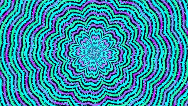 Psychedelic kaleidoscope background, vibrant teal and purple hypnotic tunnel, trippy floral mandala pattern for music videos and VJ loops