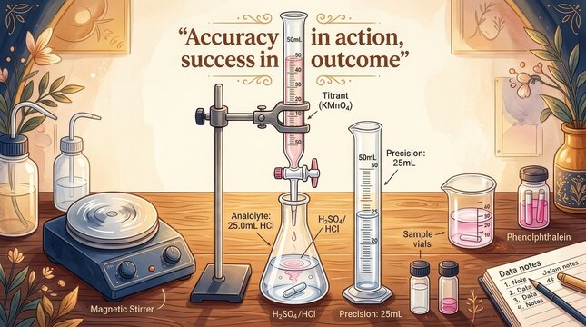 Chemical titration experiment in a laboratory setting, with scientific equipment and a quote about accuracy and success in outcomes.