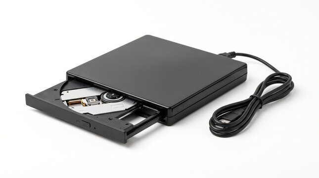 A black external optical disc drive with an open tray sitting on a white background with extended white surface drive computers shown electronics peripheral with connection