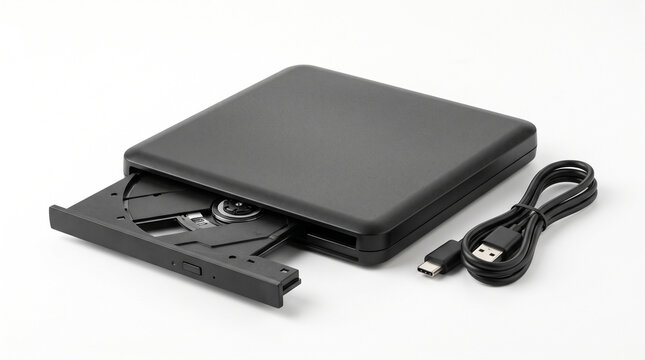 External optical disk drive with an open tray and a connection cable on white background with positioned next black blu ray workstation information technology with electronic