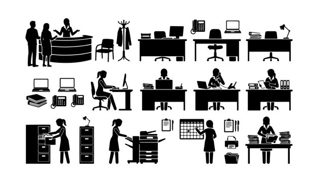 Office Work and Administration Icons Set Featuring Business People Silhouettes at Desks with Computers and Files