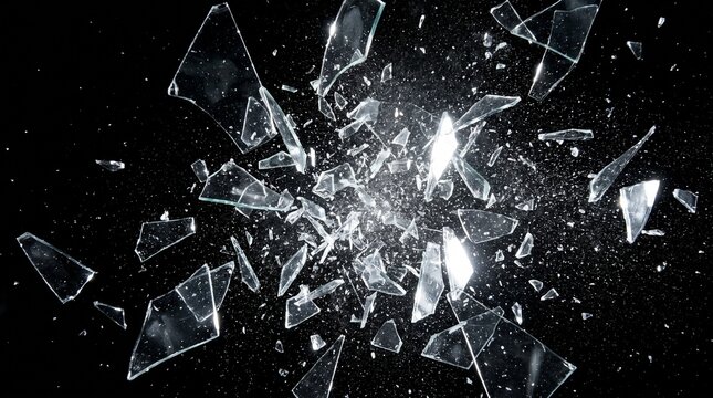 Shattered glass shards exploding outwards against a dark solid black background, surface area