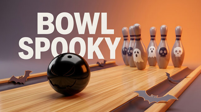 Halloween bowling alley and spooky sport with holiday theme for party, event and seasonal promotion. Pins, ghost and skull with monster ball, bat and wooden lane for horror fun, game and play.