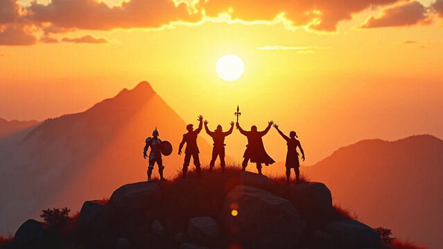 Fantasy Adventurers Celebrate at Sunrise