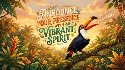 Naklejka premium A vibrant toucan perched on a branch in a lush jungle calls out 
