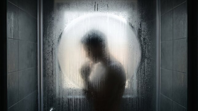 Silhouette of a person standing behind a wet frosted glass shower door with water droplets