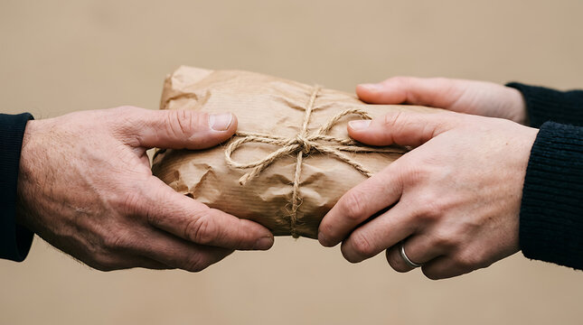 Hands exchange a small parcel wrapped in brown kraft paper and tied with natural string.